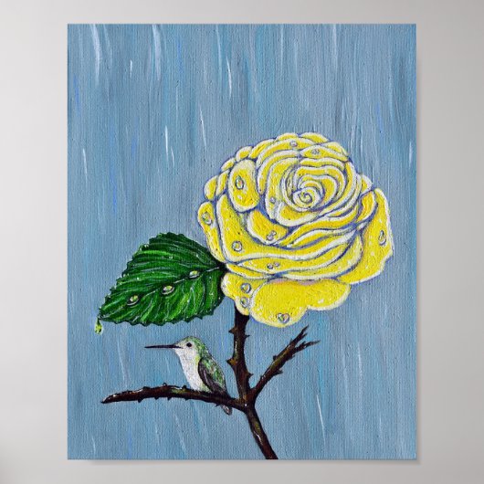 Hummingbird and Roos in the Rain Painting Poster (Voorkant)
