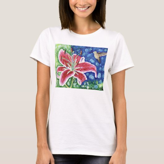 Hummingbird and Stargazer Lily Painting T-shirt (Voorkant)