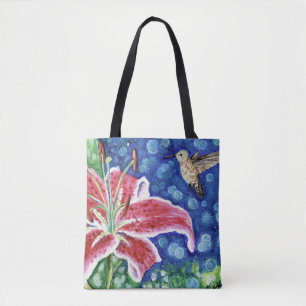 Hummingbird and Stargazer Lily Painting Tote Bag