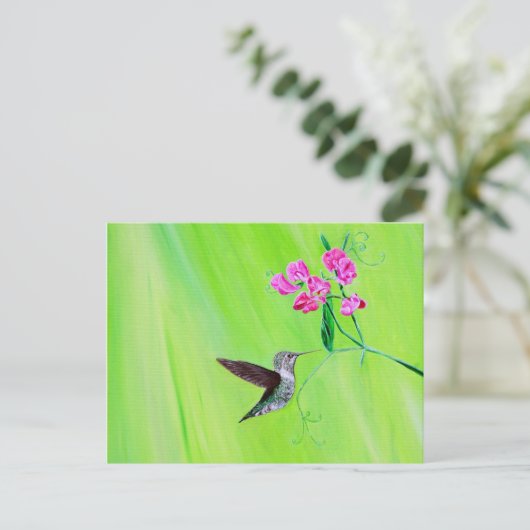 Hummingbird and Sweet Peas Painting Briefkaart (Staand voorkant)