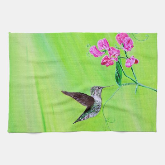 Hummingbird and Sweet Peas Painting Theedoek (Horizontaal)