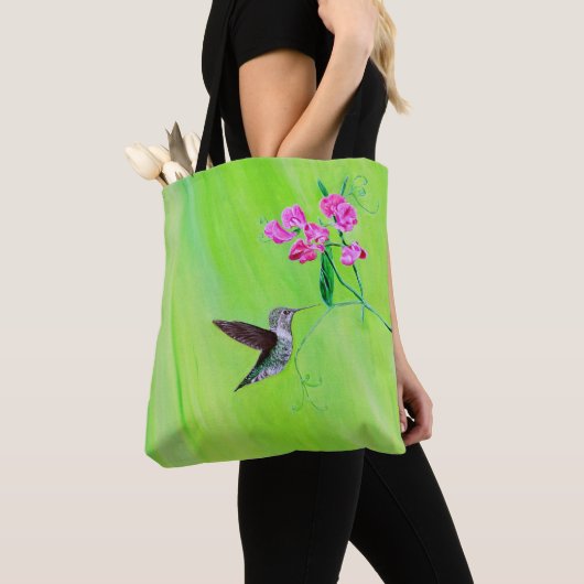 Hummingbird and Sweet Peas Painting Tote Bag (Dichtbij)