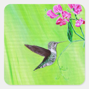 Hummingbird and Sweet Peas Painting Vierkante Sticker