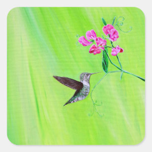 Hummingbird and Sweet Peas Painting Vierkante Sticker