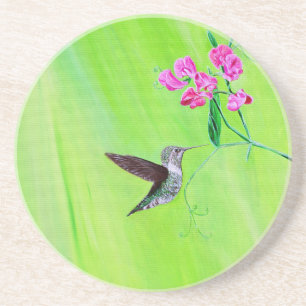 Hummingbird and Sweet Peas Painting Zandsteen Onderzetter