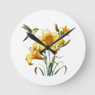 Hummingbird and Yellow Lilies Round Clock Ronde Klok