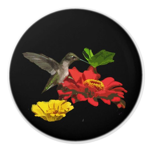 Hummingbird and Zinnia Flowers Ceramic Knob. Keramische Knop (Voorkant)