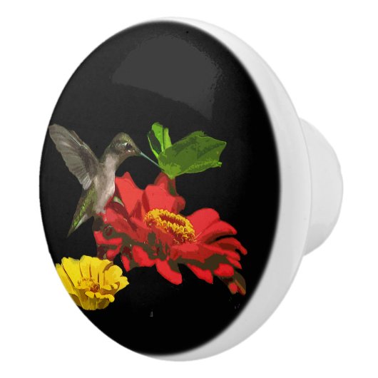 Hummingbird and Zinnia Flowers Ceramic Knob. Keramische Knop (Rechts)