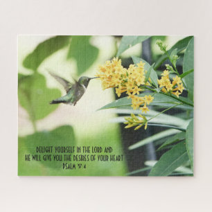 Hummingbird at Flowers w/ verse from Psalm 37:4 Legpuzzel