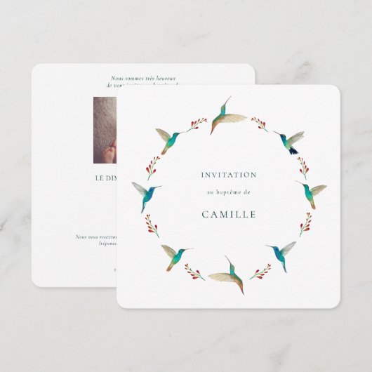 Hummingbird Baptism Invitation with Baby Photo Kaart (Voorkant / Achterkant)