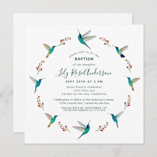 Hummingbird Baptisme Invitation Aankondiging (Voorkant / Achterkant)