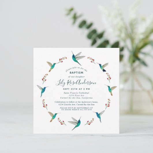 Hummingbird Baptisme Invitation Aankondiging (Staand voorkant)