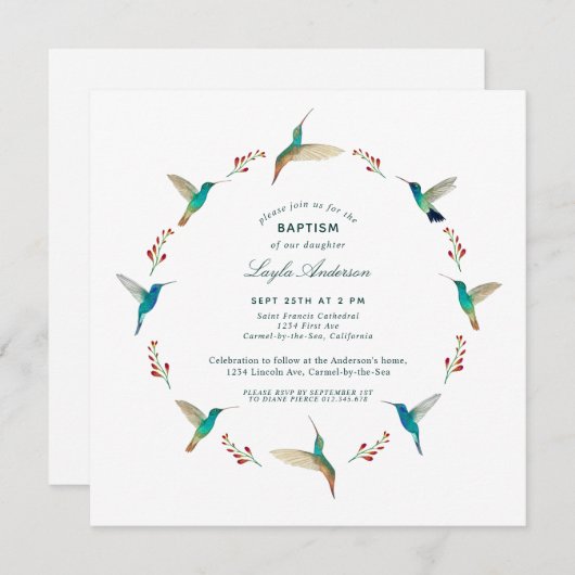 Hummingbird Baptisme Invitation Aankondiging (Voorkant / Achterkant)