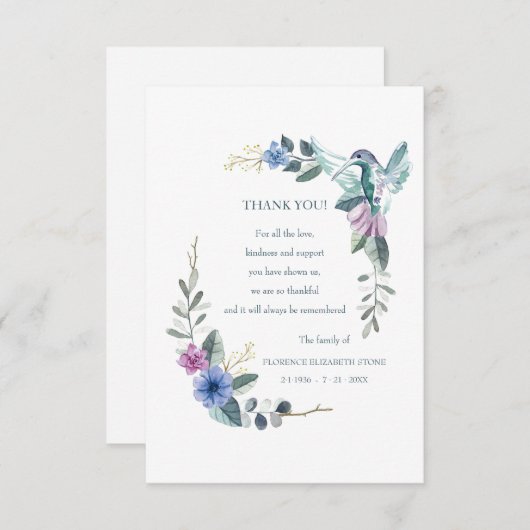 Hummingbird Bereavement Hartelijk dank Kaart (Voorkant / Achterkant)