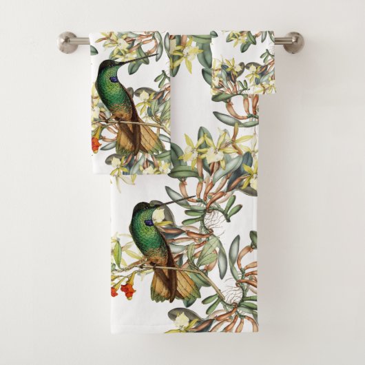 Hummingbird Bird Orchid Flowers Bath Towel Set Bad Handdoek (Insitu)