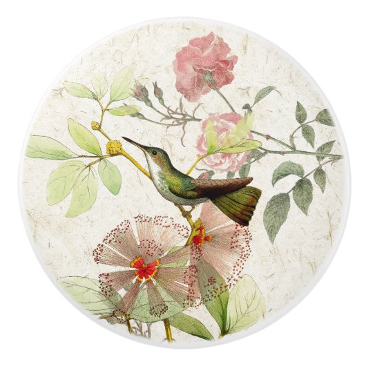 Hummingbird Bird Roos Flowers Ceramic Pull Knop (Voorkant)
