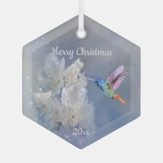 Hummingbird Bird White Garden Flower Kerstmis Glas Ornament (Voorkant)