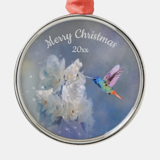 Hummingbird Bird White Garden Flower Kerstmis Metalen Ornament (Voorkant)