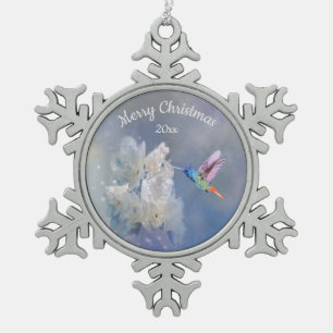 Hummingbird Bird White Garden Flower Kerstmis Tin Sneeuwvlok Ornament