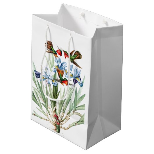 Hummingbird Birds Blue Iris Flowers Gift Bag Medium Cadeauzakje (Achterkant Gekanteld)
