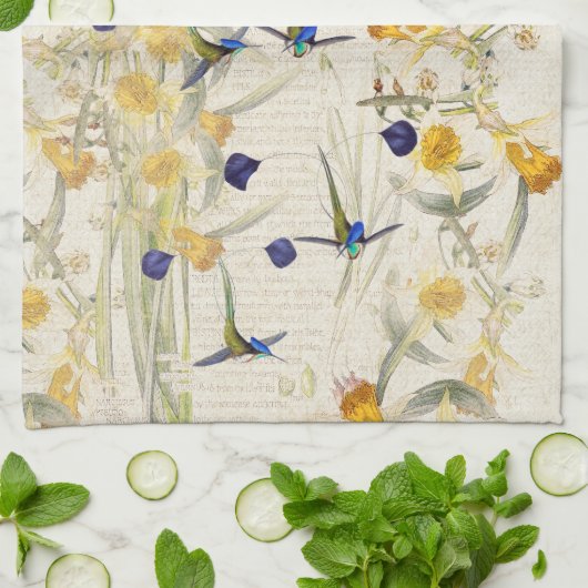 Hummingbird Birds Daffodil Flowers Kitchen Towel Theedoek (Gevouwen)