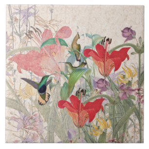 Hummingbird Birds Red Lily Columbine Flowers Tile Tegeltje