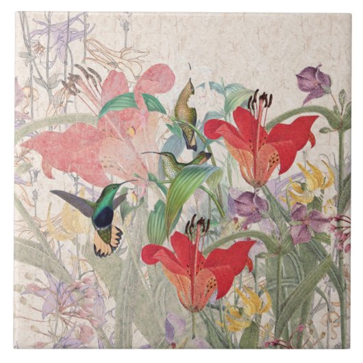 Hummingbird Birds Red Lily Columbine Flowers Tile Tegeltje (Voorkant)