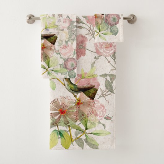 Hummingbird Birds Roos Flowers Bath Towel Set Bad Handdoek (Insitu)
