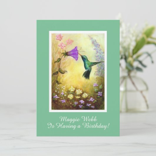 Hummingbird Birthday Party Invitation (groen) Kaart (Staand voorkant)