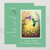 Hummingbird Birthday Party Invitation (groen) Kaart (Voorkant / Achterkant)