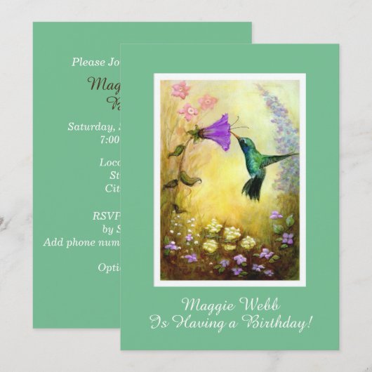 Hummingbird Birthday Party Invitation (groen) Kaart (Voorkant / Achterkant)