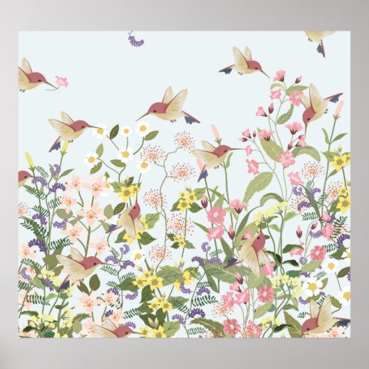 Hummingbird bloementuin illustratie poster (Voorkant)
