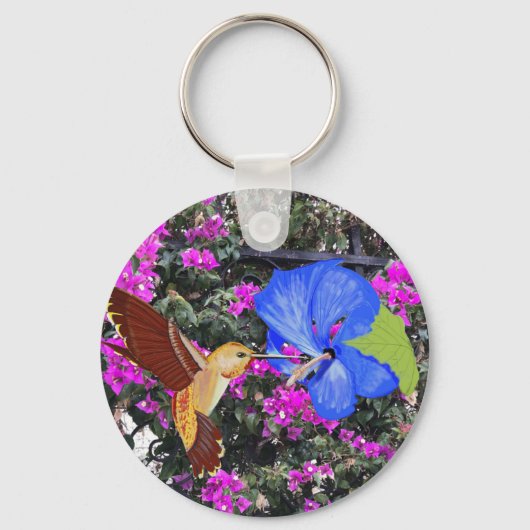 Hummingbird, Blue Hibiscus, & Bougainvillea Sleutelhanger (Voorkant)