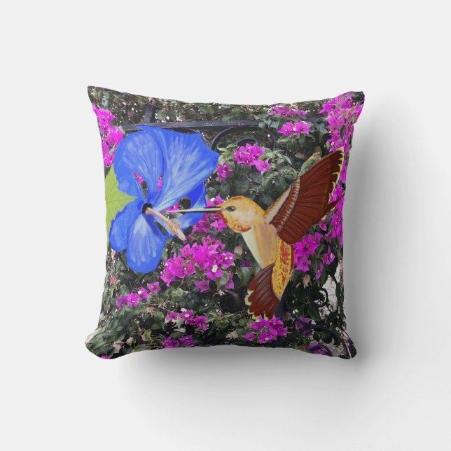 Hummingbird, Blue Hibiscus en Bougainvillea Kussen (Voorkant)