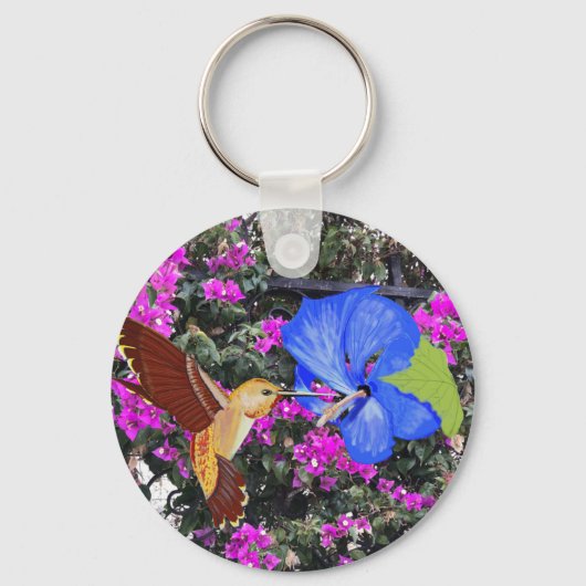 Hummingbird, Blue Hibiscus en Bougainvillea Sleutelhanger (Voorkant)