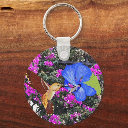 Hummingbird, Blue Hibiscus en Bougainvillea Sleutelhanger (Voorkant)