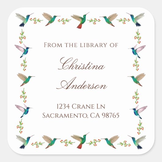 Hummingbird Bookplate Vierkante Sticker (Voorkant)