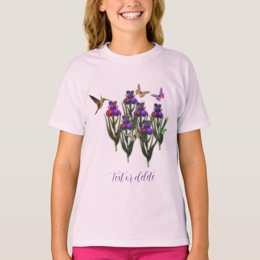 Hummingbird Butterflies Iris Flowers Gepersonalise T-shirt (Voorkant)