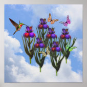 Hummingbird Butterflies Iris Flowers Poster (Voorkant)