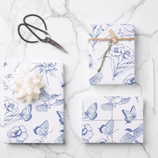 Hummingbird & Butterfly Floral Toile Blauwe Wrappi Inpakpapier Vel (Voorkant)