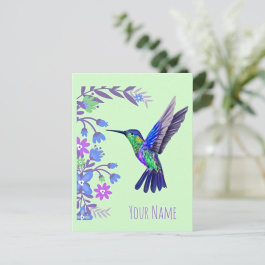 Hummingbird Design Botanische Bloemen Vogelliefheb Feestdagenkaart (Staand voorkant)