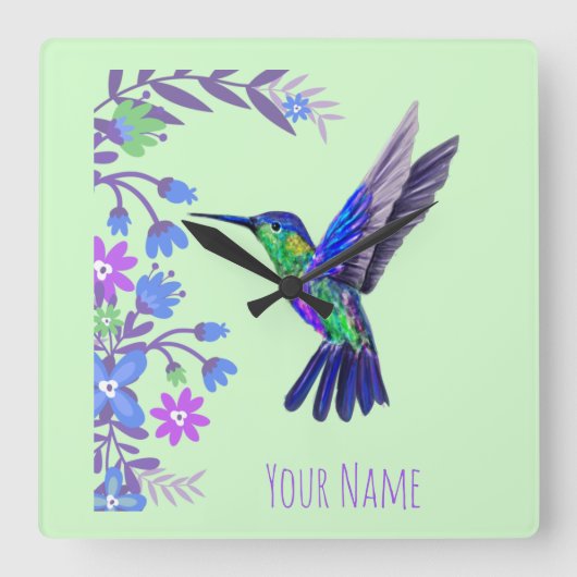 Hummingbird Design Botanische Bloemen Vogelliefheb Vierkante Klok (Voorkant)