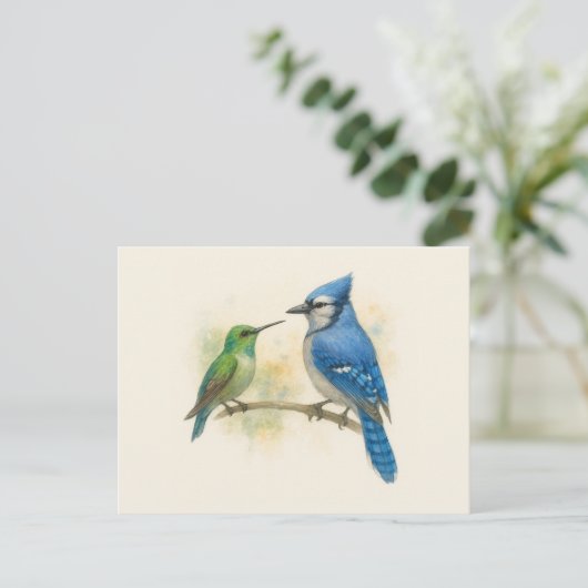 Hummingbird en Blue Jay Natuur Briefkaart (Staand voorkant)