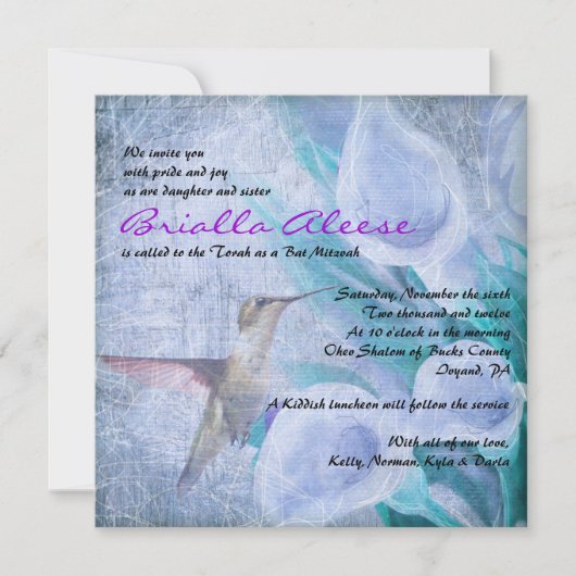 HUMMINGBIRD EN CALLA LILY Bat Mitzvah Invitation Kaart (Voorkant)