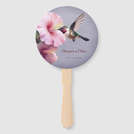 Hummingbird en Hibiscus bruiloft | Paars Handwaaier (Achterkant)