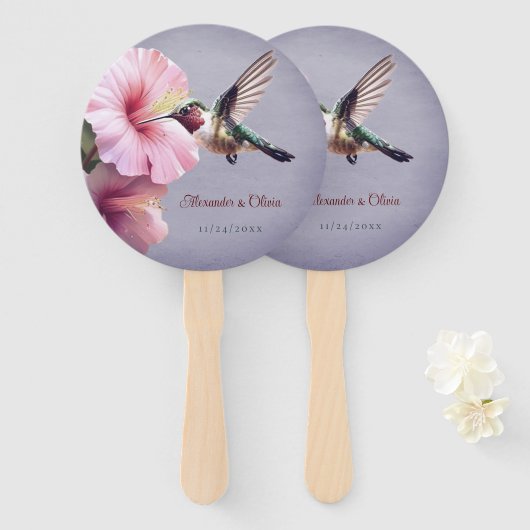 Hummingbird en Hibiscus bruiloft | Paars Handwaaier (Voorkant en achterkant)
