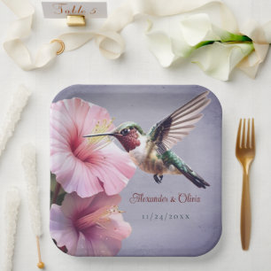 Hummingbird en Hibiscus bruiloft   Paars Papieren Bordje