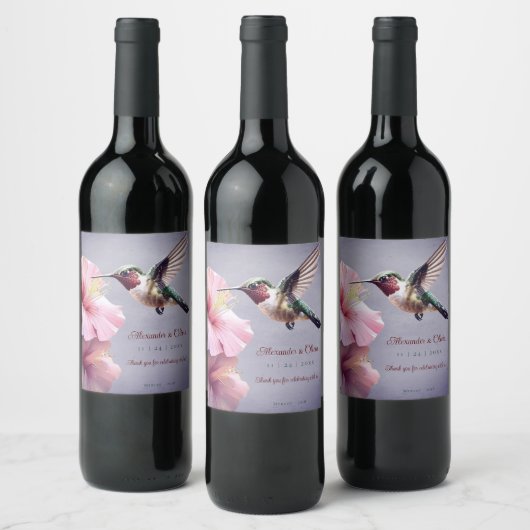 Hummingbird en Hibiscus bruiloft | Paars Wijn Etiket (Flessen)