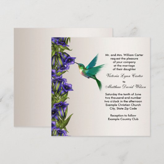Hummingbird en Paarse Violets Huwelijksuitnodiging Kaart (Voorkant / Achterkant)