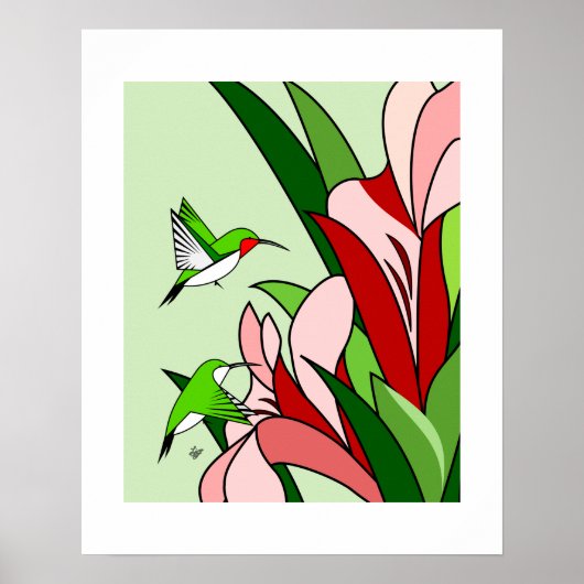 Hummingbird en PInk Flowers Stylized Art Poster (Voorkant)